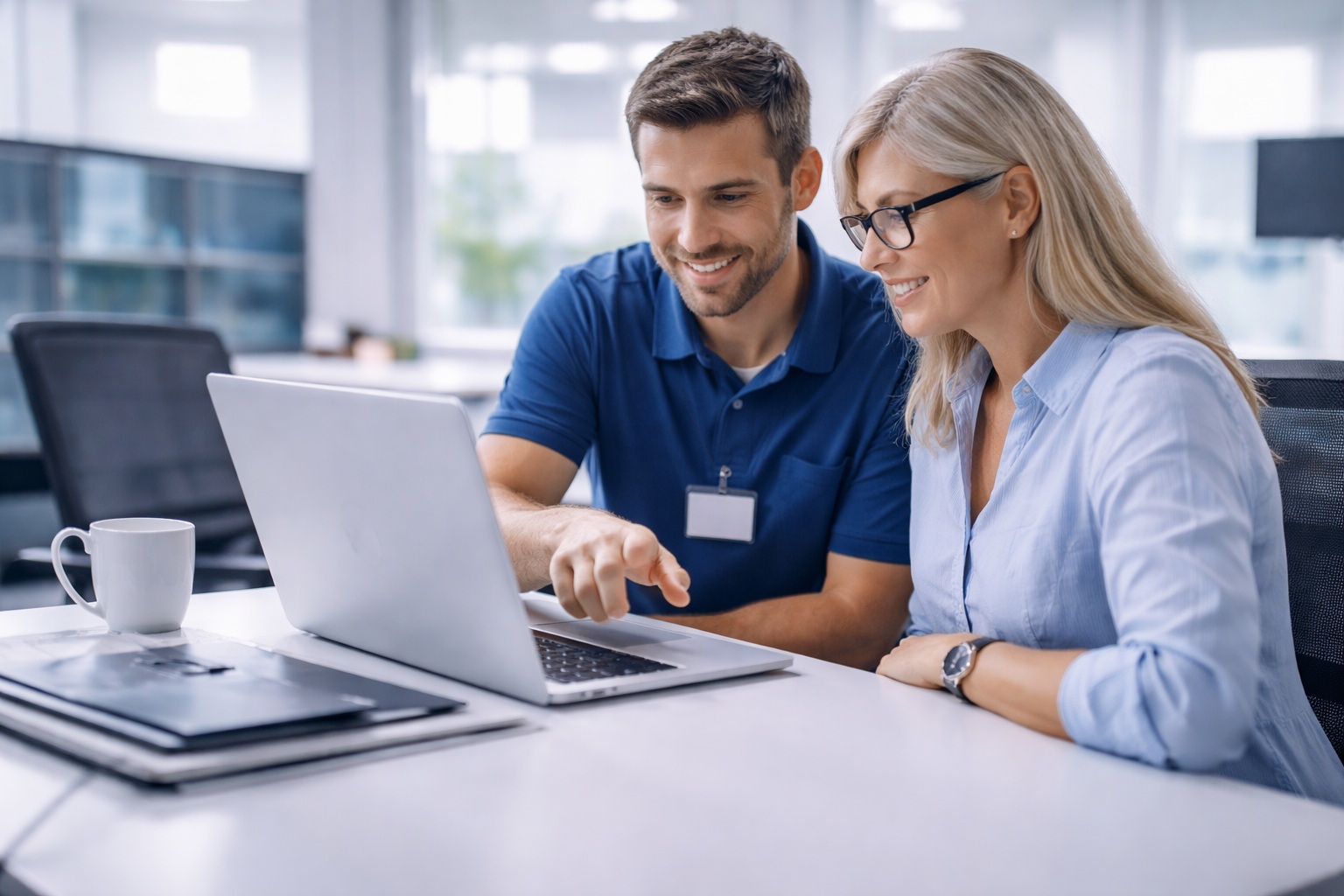 Técnico informático ayudando a un cliente en oficina